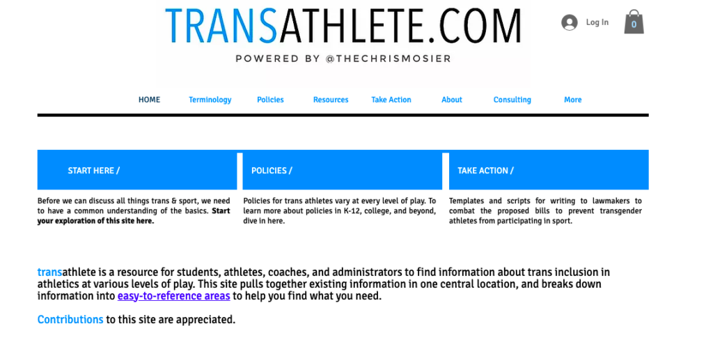 Screen Shot of Trans Athlete.com website landing page